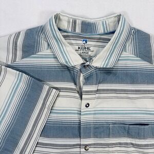 Kuhl Mens L Short Sleeve Striped Performance Shirt Button Down Blue Gray Outdoor
